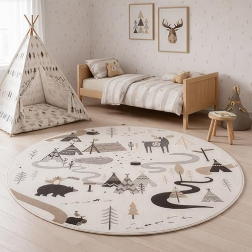 SIMPEX Kinderteppich Wald Tiere Spielteppich rund 160 cm für Kinderzimmer in Creme mit Natur Motiv ideal als Spielunterlage
