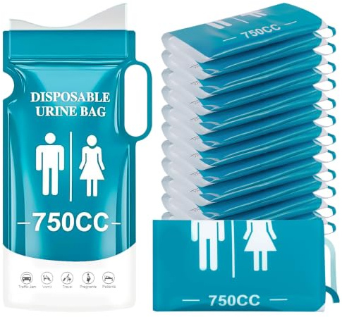 12 Stück Einweg Urinbeutel 750ml mit Griff, Tragbares Notfall Urinal für Männer, Frauen, Notfall Toiletten, Kinder und Schwangere, Reisen, Wandern und Autofahrten, Hygienische Pinkelbeutel für Camping