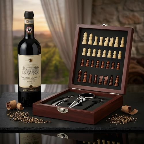 BullTek Set Vino con Scacchiera 15x17 cm in Legno – Cavatappi Barman, Termometro, Tappo Metallo, Anello Antigoccia, Pezzi Scacchi Idea Regalo