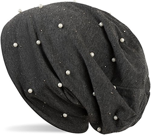 styleBREAKER Beanie Mütze mit Perlen und Strass Nieten, Slouch Longbeanie, Damen 04024140, Farbe:Dunkelgrau meliert