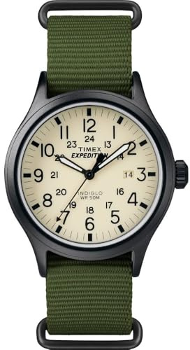 Timex Men's Expedition Scout 40mm Watch – Black Case Cream Dial with Green Fabric Strap