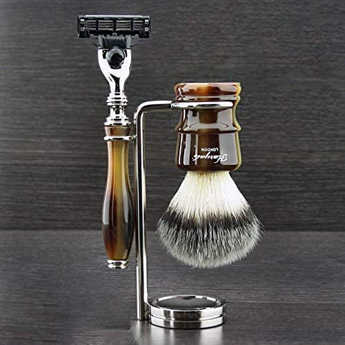 New Horn Luxury Collection 3 Piece & Ready to Use - Synthetic Silver Tip Badger & Triple Edge Compatible Razor > 3 Blade Technology