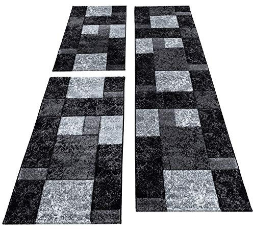 Bettumrandung Schlafzimmer 3 Teilig Teppich, Bettläufer Set Moderne Kurzflor Konturenschnitt Kariert Design Teppich, Fußbodenheizung Geeignet, 13 mm Polypropylen, Jute Rücken Farbe: Schwarz