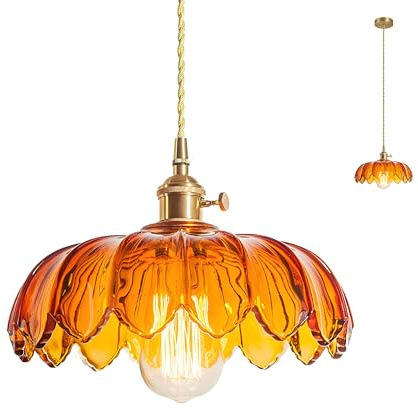 HJXDtech Industrial Vintage Pendellampe Glas Lotus Lampenschirm Pendelleuchte Retro E27 Messing Finish Hängelampe Deckenleuchte (Bernstein)