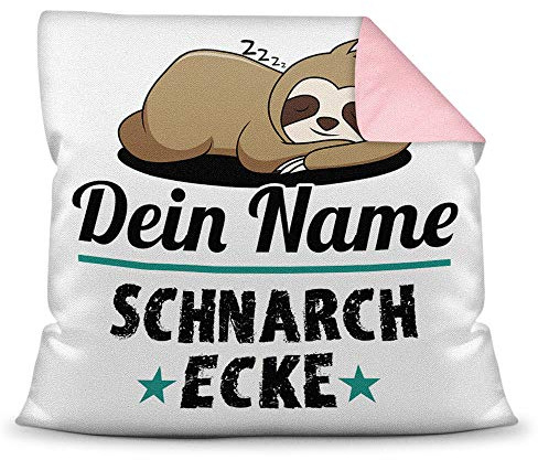 Print Royal Kissen inkl. Füllung Faultier PERSONALISIERT mit Wunschname für - Ihr Name Schnarchecke - Kuschelkissen/Lustige Geschenkidee/Freunde/Familie/Geburtstag - Farbkissen Rückseite Rosa