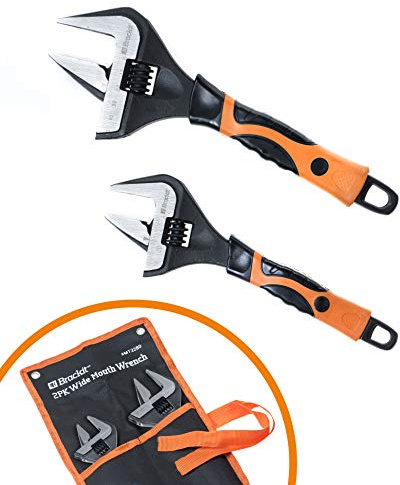 brackit Set of 2 Wide Jaw Adjustable Wrench – 8 and 10 inch Heavy Duty Forged Steel Spanner with Soft Grip Handle and Hanging Storage Sleeve