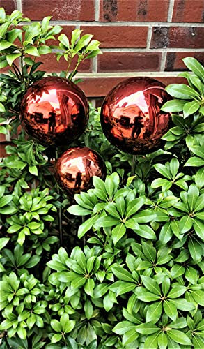 Jürgen Bocker Gartenambiente Rosenkugel 3er Set 15-15-10 cm Edelstahl rot matt gebürstet mit Stab 80 cm Gartenstecker Beetstecker