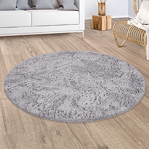 Paco Home Hochflor Teppich Wohnzimmer Fellteppich Kunstfell Shaggy Flauschig Grau Silber, Grösse:200 cm Rund