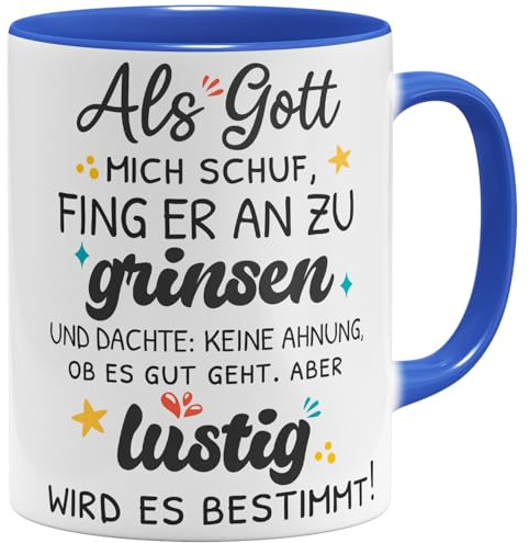 OM3® Als Gott mich schuf fing er an zu grinsen Kaffee-Tasse mit Spruch - lustige Spruchtasse - Keramik Becher - 11oz 325ml - Beidseitig Bedruckt - Blau