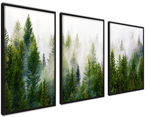 ag.art deco Tavlor för Vardagsrum | 50x70 cm Tryck för Väggar | Posters för Hall och Trappa | Heminredning | Oinramade Affischer | Set om 3 Bilder (Skog i Dimma)