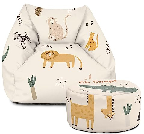 rucomfy Pre-Filled Toddler Armchair Bean Bag - Safari Animal Theme Kids Snuggle Seat for Bedroom and Nursery Furniture - 50x60x60cm - (Safari Friends, Matching Footstool)