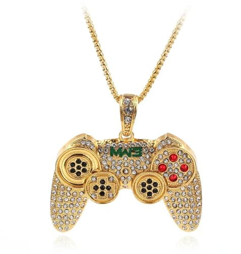 bicup Halskette Ketten Schmuck Herren Frauen Anhänger necklace Große vereiste neue Game-Controller-Anhänger Halskette mit Stil Kette Halskette gold