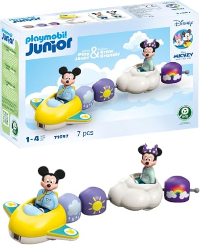 Playmobil 71697 JUNIOR & Disney: Mickey Mouse's & Minnie Mouse's Cloud Ride, with airplane and cloud vehicle, sustainable toy made from plant-based plastics, play sets suitable for children ages 1+