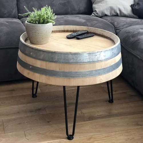 Fass-Schmiede Weinfass Couchtisch Dreibein Sofatisch Beistelltisch (Groß: 55cm, Natur)