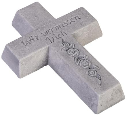 gartendekoparadies.de Liebevolle Erinnerung: Kreuz Wir vermissen Dich, Steinfigur, H. 6 cm, 40 x 28 cm, 6 kg, Grau, frostsicher aus Steinguss für Außenbereich