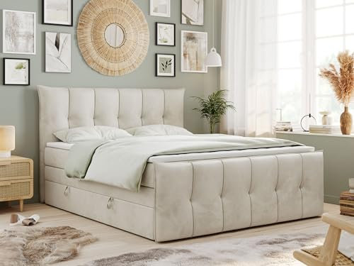 MKS MEBLE King Boxspringbett 180x200, Boxspringbett 180x200 mit Bettkasten und Matratze H3, Polsterbett 180x200 mit Matratze, Bett 180x200 mit Bettkasten - PREMIUM-11-KING- Beige Velvet - H3