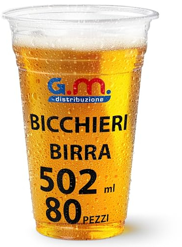 G.M. DISTRIBUZIONE 80 Bicchieri Birra da 500ml in PP Trasparente, Bicchieri Usa e Getta per Birra tacca 4cl, Bicchieri Monouso per Bar e Lounge Bar
