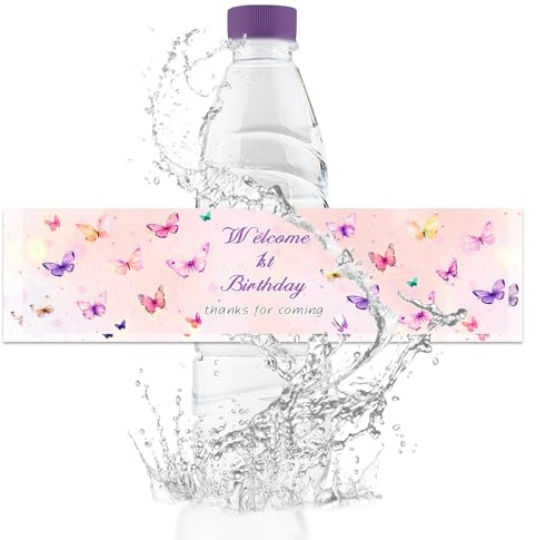 URROMA Wasserflaschen-Etiketten zum ersten Geburtstag, wasserdichte Getränkeverpackungen, bunte Schmetterlings-Flaschenaufkleber für Happy 1. Geburtstag, Partyzubehör, Dekoration, 50 Stück