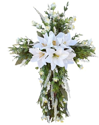 JYCRA Front Door Wreath Spring Wreath For Door Easter Crosses Wreath Classic Wood Easter Crosses Decor Artificial Greenery Wall Decor Easter Decorations Spring Garland Easter Wreath