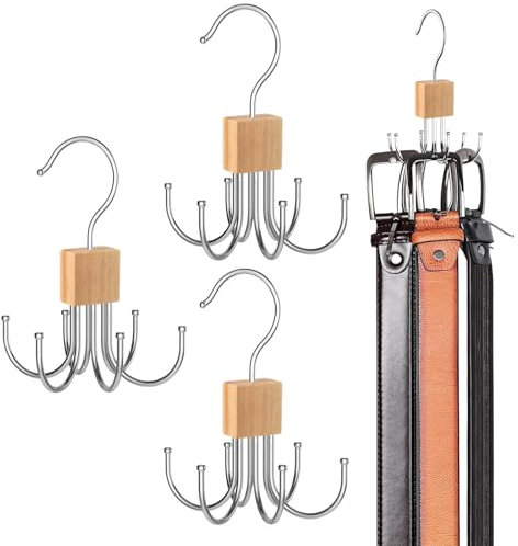 GmeDhc 3 Pièces Cintre en Bois pour Ceintures, Organiseur pour armoires à Cravate, 6 Crochets, Rotation à 360° pour Cravates, Ceintures, écharpes et Chapeaux