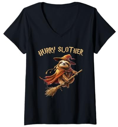 Damen Hurry Slother Parodie Faultier Hexe Zauberer und Zauberer T-Shirt mit V-Ausschnitt