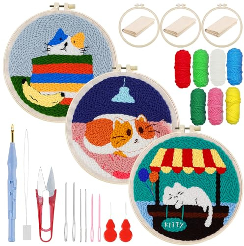 Woohome Punch Needle Kit, Stanznadel Stickerei Starter Kit, Sticktuch mit Muster, Stickrahmen Fäden, Anleitung für Kunsthandwerk (Faule Katze)