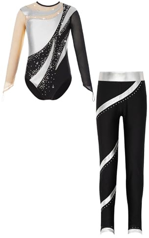 Jydiazi Mädchen Turnanzug Mit Langer Hose Langarm Glitzer Metallic Gymnastik Trikot Leggings Set Kinder Eiskunstlauf Ballett Tanzkleidung Silber 146-152