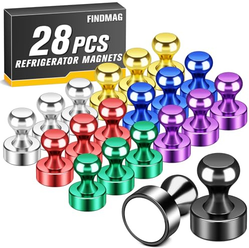 FINDMAG Refrigerator Magnets, Strong Colorful Whiteboard Magnet, Small Neodymium Fridge Magnet Aesthetic, Cool Locker Magnets for Office Accessories, Kitchen, Classroom, Bulletin Boards, Pack of 28