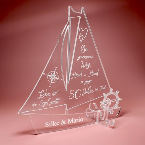 DEKOLANDO Geschenk Goldene Hochzeit personalisiertes Schiff aus Acryl 50 Goldhochzeit- Personalisierte Geschenke zur Goldenen Hochzeit Gold