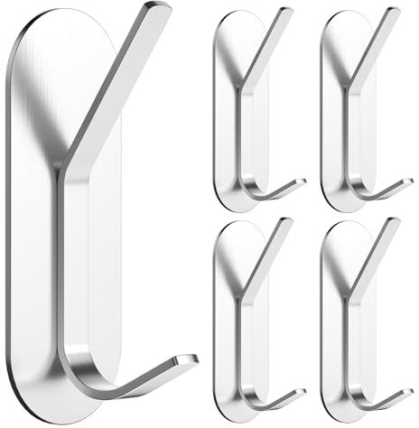 Alyvisun 5 Pezzi Ganci Adesivi, Forti Appendi Accappatoio Bagno in Acciaio Inox, Gancio Appendiabiti a Parete Senza Forare, Ganci Appendini Adesivi per Bagno, Cucina, Ufficio (Argento)