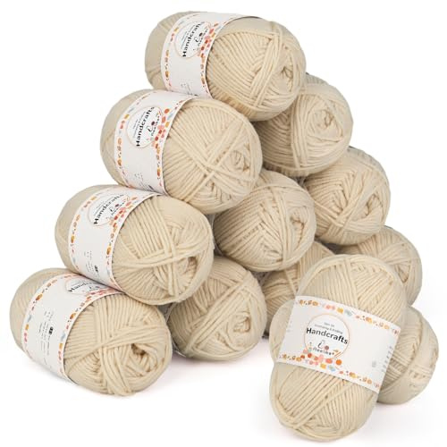 Aeelike 600 g (12 x 50 g) amigurumi ull 5 lagers bomull för virkning, virkning och hantverk, virkgarn bomullsset, khaki vit