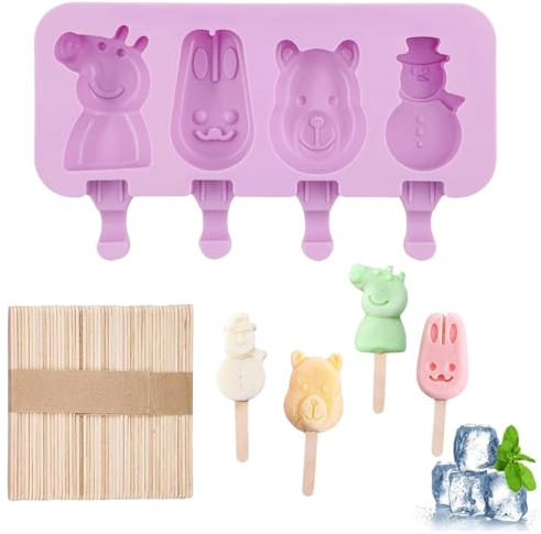 LACHT Stampi per Gelati Stampi per Gelato in Silicone Ghiaccioli Stampo 4 Cavità Formine Riutilizzabili con Coperchio e 50 Bastoncini, Stampi per Ghiaccioli,per Stecco al Cioccolato, Sorbetti,Budino