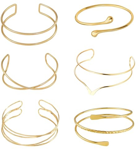 MLPKOI 6 Pièces Bracelets Femme, Bracelet de Bras Ouvert, Bijoux de Bras, Ajustables et Empilables pour Les Fêtes et Les Occasions Spéciales (Or)