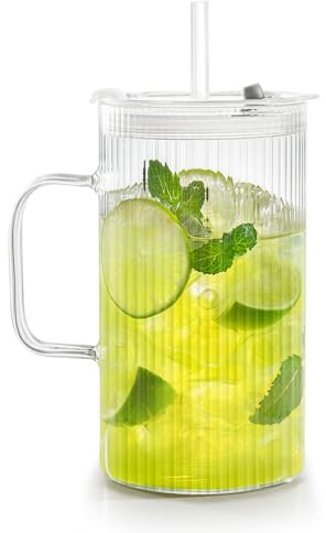 Puraville 25oz 750ml Glass Cups with Lids and Straws, High Borosilicate Ribbed Drinking Glasses Tumbler with Handle for Iced Coffee, Glassware Mason Jar Smoothie Cup for Long Drinks