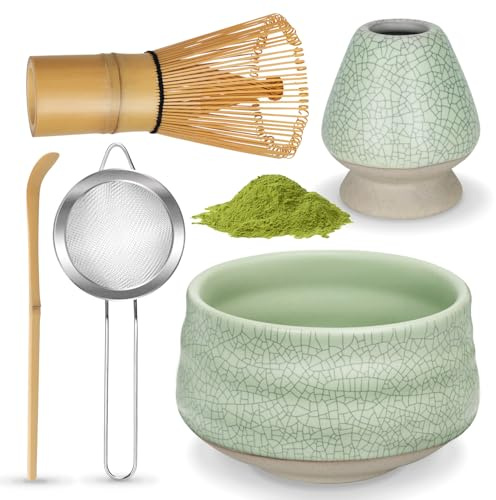 MUEZDUR Matcha Set, Matcha Besen, 5 Stück Matcha Tea Set mit Matcha Schale, Matcha Whisk, Sieb, Chasen und Matcha Löffel, Geschenk für Matcha-Liebhaber (Grün)