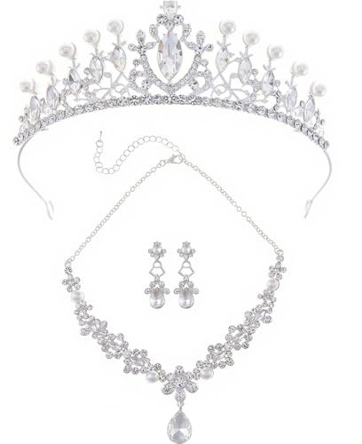 XFSRG Juego de Joyas de Mujer con Corona y Collar de Perlas y Cristales para Bodas y Eventos Especiales (Plata)
