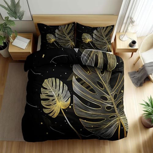 Abstract Art Plants Monstera Printed Reversible Duvet Cover 260 x 220 cm, Luxury Hypoallergenic Black Bedding - Soft Breathable Lightweight Super King Duvet Cover Sets for Kids Teen Adults
