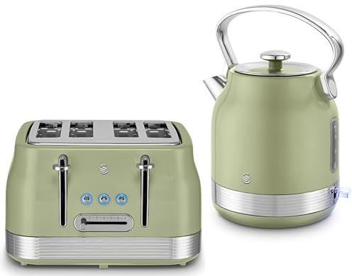 Swan Retro Revive Green Stovetop Inspired Design 1.7L 3KW Traditional Kettle & 4 Slice Toaster. Matching Kettle & Toaster Set in Green with Chrome Accents