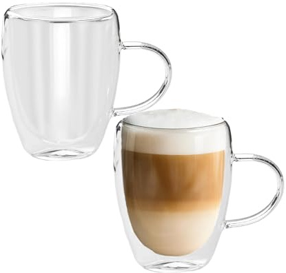 Kaffeegläser Set Doppelwandig 2er Latte Macchiato Gläser - 180 Grad spülmaschinenfest und hitzebeständig Gastronomie Qualität -Kaffeegläser mit Henkel für Cappuccino (Farblos, 350, Milliliter)