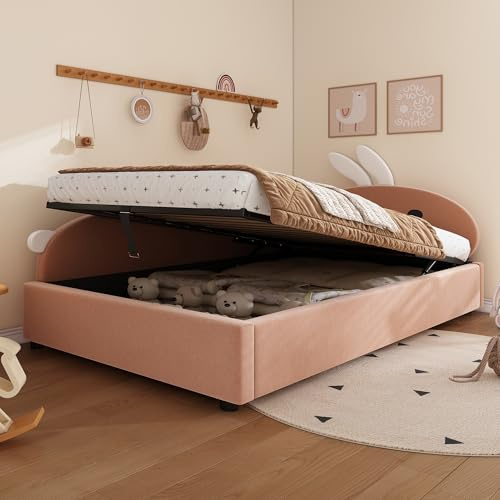 Cama tapizada hidráulica Cabecero de Conejito Lindo Bed Individual Valla Suave elevada Camas de Almacenamiento Caja Terciopelo Cama de Invitados Sin colchón Rosa Izquierda 90x200 cm