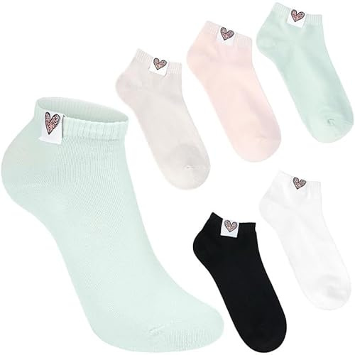 BRUBAKER 5 Par Damstrumpor - Korta Sneakersockor med Leopardmönster och Hjärtan - Enfärgade Ankelsockor - Mysiga Modeller i Bomull av Hög Kvalitet - Mint, Rosa, Svart, Grå och Vit - Storlek 36-41