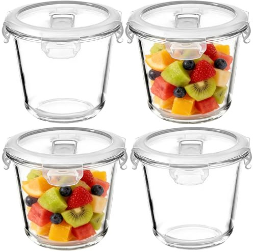unbholkk Glasbehälter Mit Deckel Rund, 4 Stück 710ml luftdicht Meal Prep GläSer Rund mit Deckel Stapelbar, Suppenbehälter Mit Luftdichten Deckeln für Salat, Obst, Lunch, Ofen, Mikrowelle, Gefrierfach