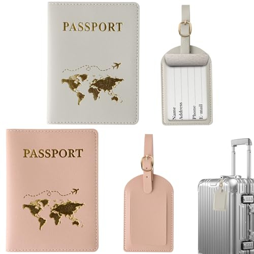 ZDNT Reisepasshülle 2 Stück mit 2 Kofferanhänger, Passport Holder, Passhülle, Kofferanhänger für Kreditkarten, Ausweis und Reisedokumente (Rosa, Grau)