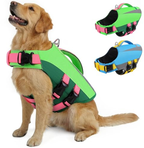 PUZAUKAL Schwimmweste Hund – Verstellbare Rettungsweste für kleine, mittlere & große Hunde mit robustem Griff & reflektierenden Streifen, ideal für Boot, See & Schwimmen (Grün L)