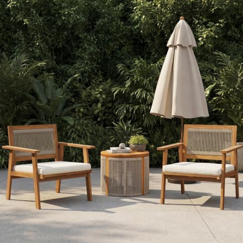 Hometopia 64x75cm Gartenstuhl Holz 2er Set, Akazienholz Rope-Design Outdoor Sessel mit Geflochtener Seilrückenlehne und Kissen Verfahren, Gartenstuhl - Tragfähigkeit für Balkon, Garten, Terrasse