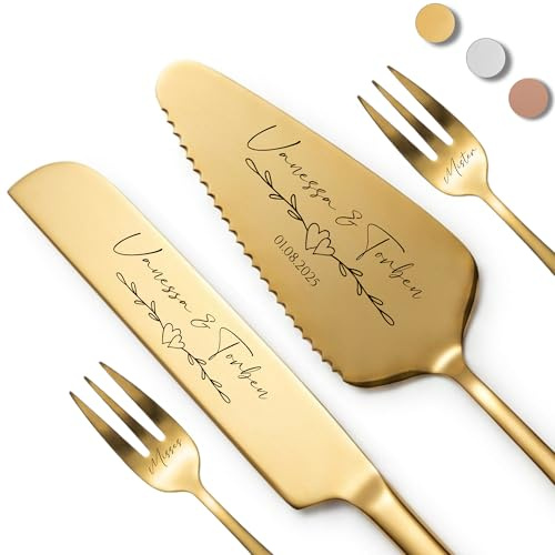 SMARTEON Let's Eat Cake Cake-Server Set mit Tortenmesser und Personalisierter Gravur – Geschenke für Brautpaar, Geburtstag, Jubiläum,Konfirmation,Kommunion, Muttertag (Gold+Gabeln, Name 1)