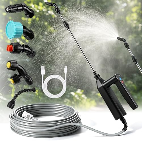 7.4V Pulverisateur Electrique, Pulverisateur de Jardin avec 3 Vitesses, 8M Tuyau, 5 Embouts et Tige Télescopique, 2000 mAh Pulvérisateur à Batterie pour Nettoyer Arrosage