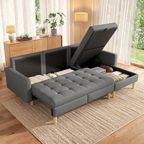 Crlnaup 212 × 130 × 86 cm, hörnsoffa med förvaringsutrymme, L soffa, utbytbar schäslong, 3-sitsig hörnsoffa, fibertyg, hörnsoffa för liten lägenhet, soffa med förvaringsfack, grått vardagsrum soffa