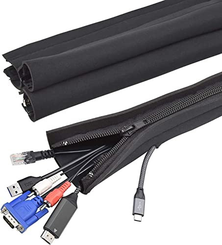 YOSH Cable Tidy Management Sleeve Large Capacity with Easy to Use Zippers, 2m Wire Sleeve Under Desk Organizer for PC/TV Power Cord Audio Video USB Cable Home Office Prevent Chewing-50cm 4pcs Black