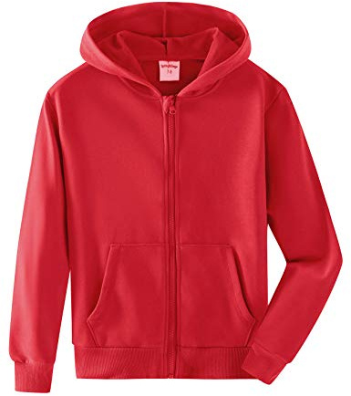 Spring & Gege Garçons Sweat à Capuchon Veste de Survêtement en Coton à Capuche de Couleur Unie pour Enfants Rouge 11-12 Ans